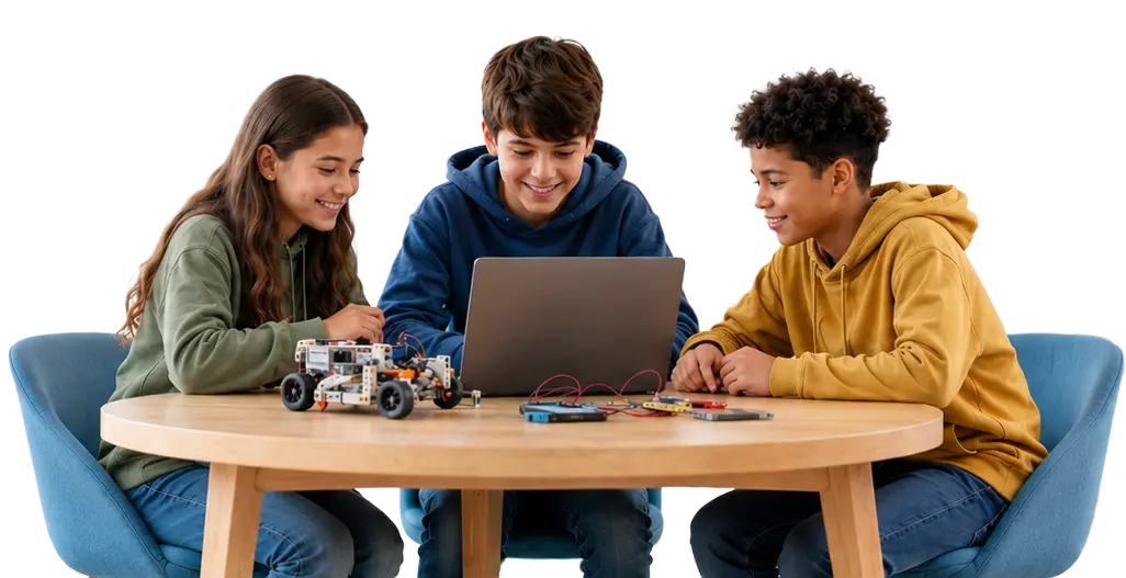 Students with robotics kit, textbooks, microphone, and coding laptop