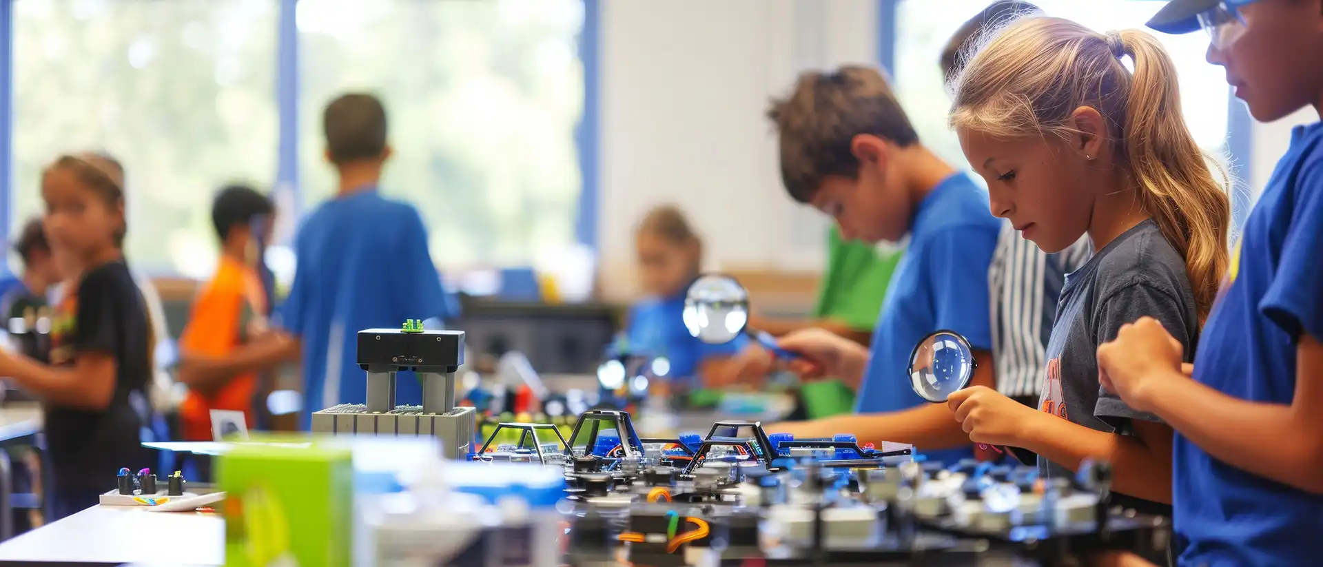 Children learning robotics programming with colorful components